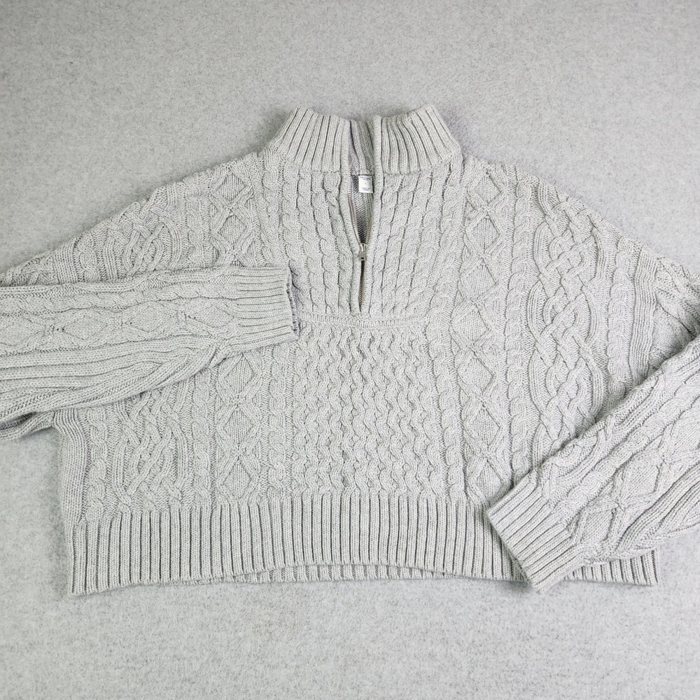 Arizona Jean‎ Co. Cropped Sweater Womens L Gray Cable Knit 1/4 Zip Oversized Fit